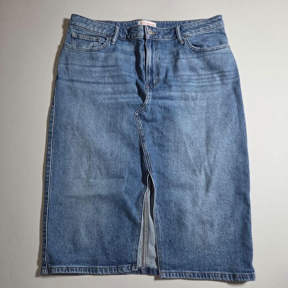 Lucky Brand Skirt Womens 16/33 Blue Stretch Denim Midi Straight Front Slit